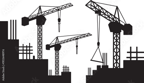 Black silhouette construction site with cranes and buildings