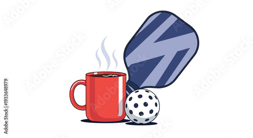 Sporty composition featuring a pickleball paddle, a perforated plastic ball, and a steaming mug of hot coffee on white.