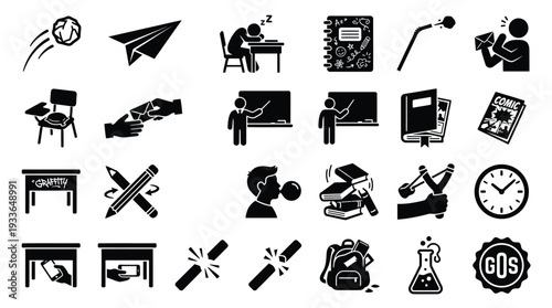 A collection of black and white icons representing various aspects of school life, education, and student activities.