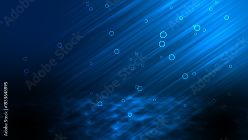 Abstract Blue Underwater Background with Light Rays and Floating Bubbles, Deep Ocean Scene with Sunlight Beams and Calm Marine Atmosphere. 3D rendering