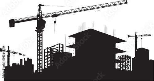 Black silhouette construction site with cranes and buildings