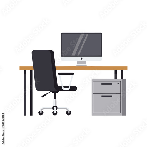 Modern Office Desk Setup with Computer and Chair.