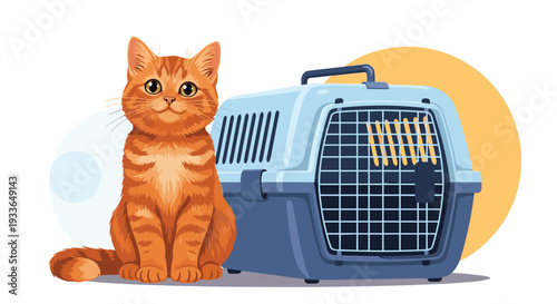 Cute orange tabby cat sitting patiently next to a blue and grey pet carrier for travel or a veterinary visit.