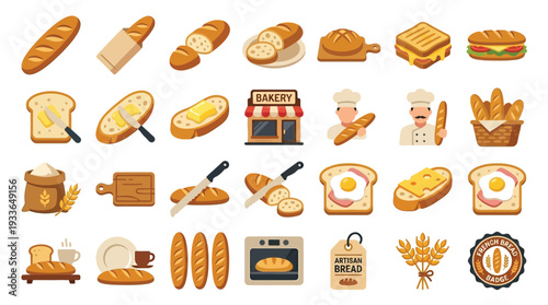 A vibrant collection of bakery and bread-related illustrations, showcasing various types of bread, pastries, baking tools, and a charming bakery storefront.