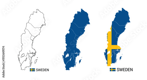 Three map silhouettes of Sweden including a simple outline, a solid blue shape, and a map with the national flag design.