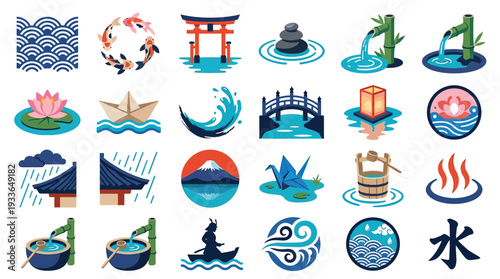 A collection of Japanese cultural icons and symbols, featuring nature, architecture, and traditional elements.