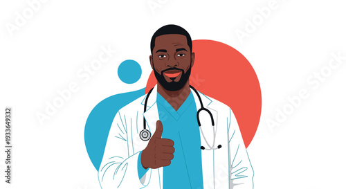 Confident Black male doctor in a white lab coat with a stethoscope around his neck giving a positive thumbs up gesture.