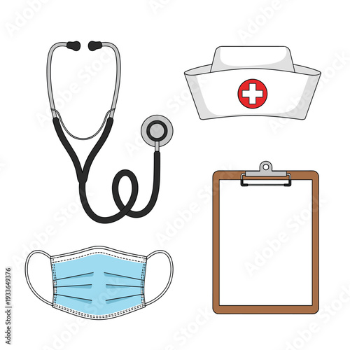 Medical Equipment Collection Stethoscope Nurse Cap Mask Clipboard.