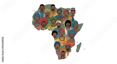 Map of the African continent filled with portraits of diverse African people in traditional and modern clothing.