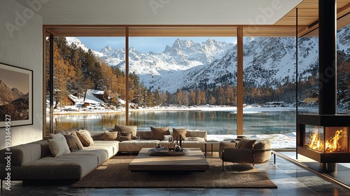 Modern living room, mountain lake view, winter scene, fireplace, relaxation