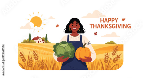 Happy woman with dark skin holding a fresh cabbage and a pumpkin in a golden wheat field with Thanksgiving greeting.