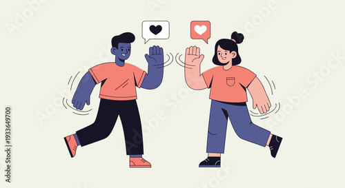 Illustration of people interacting with social media notifications and likes in a lively digital environment from a modern viewpoint