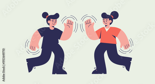 Two cartoon women dancing together in a vibrant illustration, showcasing their energetic movements from a front viewpoint