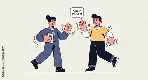 Two men high-fiving in celebration of success with speech bubble illustration