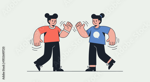 Two women in casual attire engage in a dynamic dance movement together in a lively scene from a straightforward viewpoint