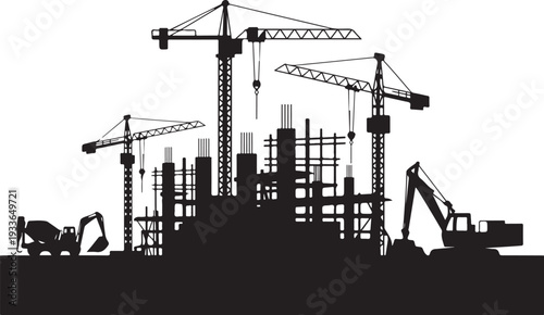 Black silhouette construction site with cranes and excavators