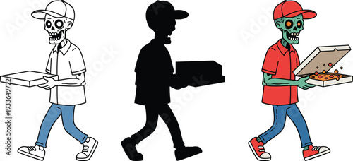 Zombie pizza delivery boy character set with silhouette cartoon horror vector illustration isolated on white background for Halloween design