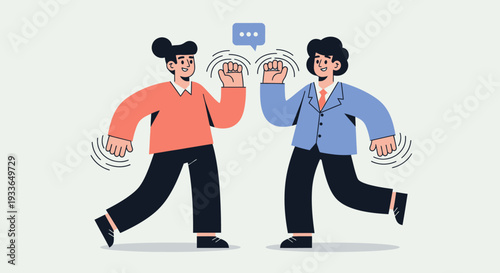 Two individuals engaging in dynamic communication, exchanging ideas, concepts, and messages in a collaborative and interactive environment from a frontal viewpoint.