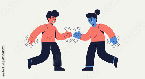 Two individuals engaging in a firm handshake amidst dynamic motion and energetic atmosphere from a straightforward viewpoint