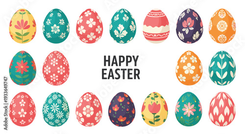 Happy Easter text banner framed by a colorful array of floral and patterned eggs for holiday celebration and greeting cards.