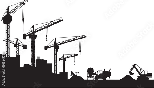 Black silhouette construction site with cranes and excavators