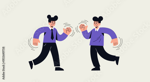 Two cartoon businessmen in sync dance steps side by side in unison perfectly illustrating teamwork and coordination illustration
