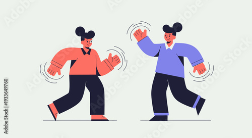 Two cartoon dancers performing a lively energetic dance routine together on a plain stage from a straightforward view