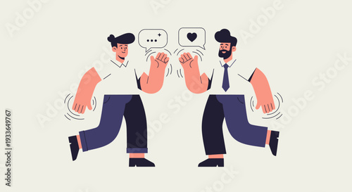 Two men engaging in a friendly conversation, exchanging ideas and laughter, illustration style, modern office, energetic pose, dynamic movement
