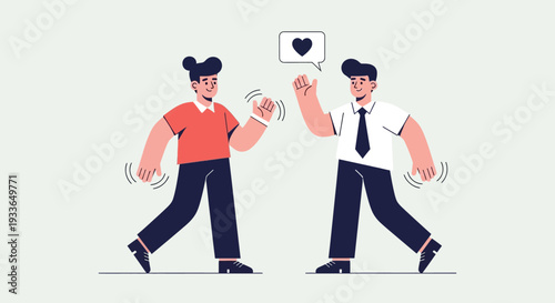 Two cartoon men interacting with social media icons in a lively digital environment from a front viewpoint