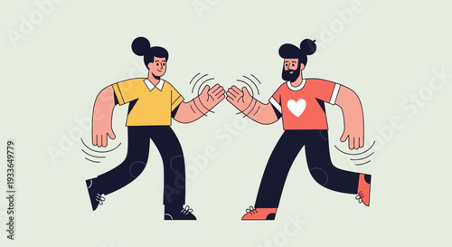 Two cartoon men running towards each other with fists bumped in mid-air illustration