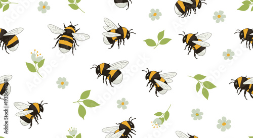 Beautiful seamless pattern of busy bumblebees flying among green leaves and delicate white spring flowers on a white background.