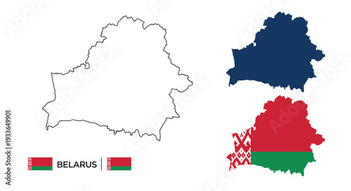Three map silhouettes of Belarus including a simple outline, a dark blue shape, and a map with the national flag design.