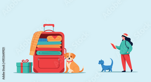 Travel preparations showing woman packing clothes into red suitcase while dog sits nearby and blue cat walks away in simple vector style.