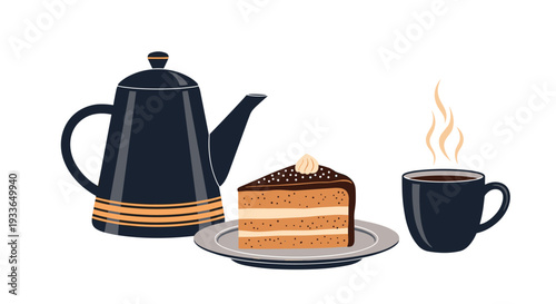 Delicious slice of chocolate layered cake on plate served with steaming hot coffee and dark teapot in minimalist illustration style.