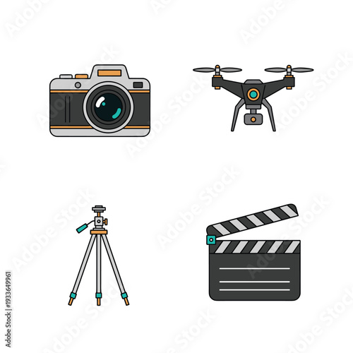 Set of four icons representing photography and videography equipment.