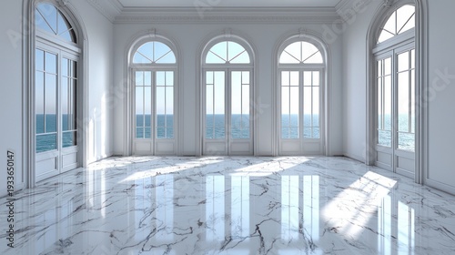 Ocean-view white room, marble floor, sunlight, arched windows, interior design