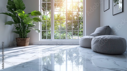 Sunny room, marble floor, beanbag chairs, plants, window view, interior design