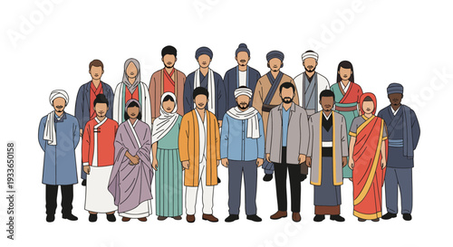 Large group of people representing diverse Asian cultures standing together in traditional ethnic clothing on plain white background space.