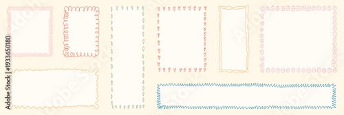 Hand drawn frames asset pack. Doodle scallop borders with wavy edges. Trendy vector elements for invitations, greeting cards and menu.