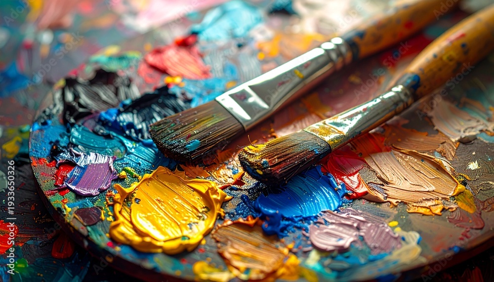 Obraz premium painter's palette with thick oil paint textures and brushes, 