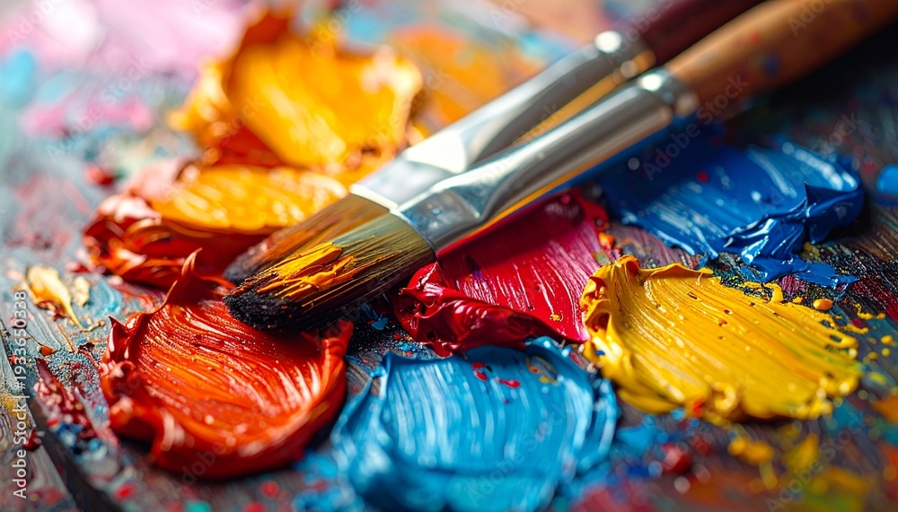 Fototapeta premium painter's palette with thick oil paint textures and brushes,