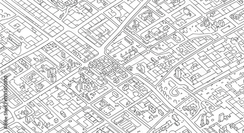 Detailed aerial view line art map of a dense urban city showing complex street grids, various buildings, and parks in black and white style.