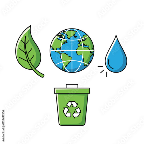 Environmental Icons - Earth, Leaf, Water Drop, and Recycling Bin.
