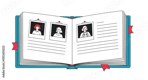 Open scrapbook showing photos of different women with blank writing lines and red bookmark ribbons in a blue binder, for memories.