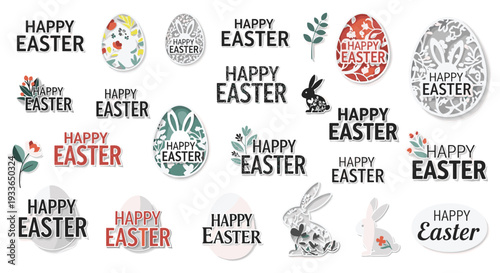 Large collection of Happy Easter labels, stickers, and decorative icons featuring eggs and rabbits on a plain white background for crafts.