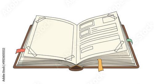 Open vintage style blank journal or diary with various taped paper pieces, notes sections, and colorful ribbon bookmarks for personal records.