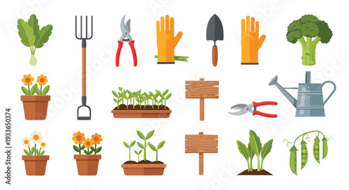 Extensive flat lay collection of gardening tool icons, potted plants, vegetable seedlings, and essential supplies on plain white background.