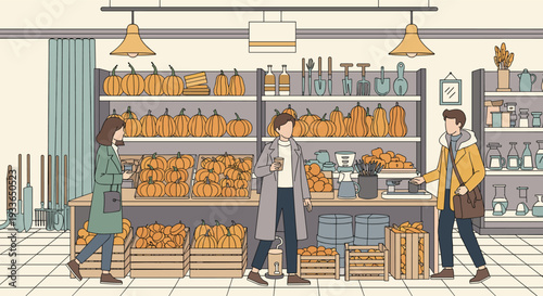 Detailed interior view of a pumpkin market or specialty shop with many varieties of gourds and people browsing and buying during autumn season.