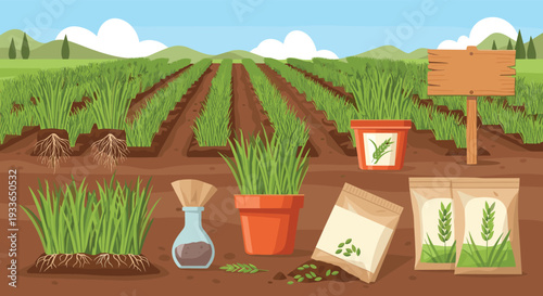 Detailed agricultural scene showing farm field rows, various seeds, young seedlings, and green plants in pots with a blank wooden sign board.