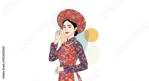 Beautiful woman wearing traditional Vietnamese Ao Dai dress and ornate patterned hat standing against an abstract geometric background scene.